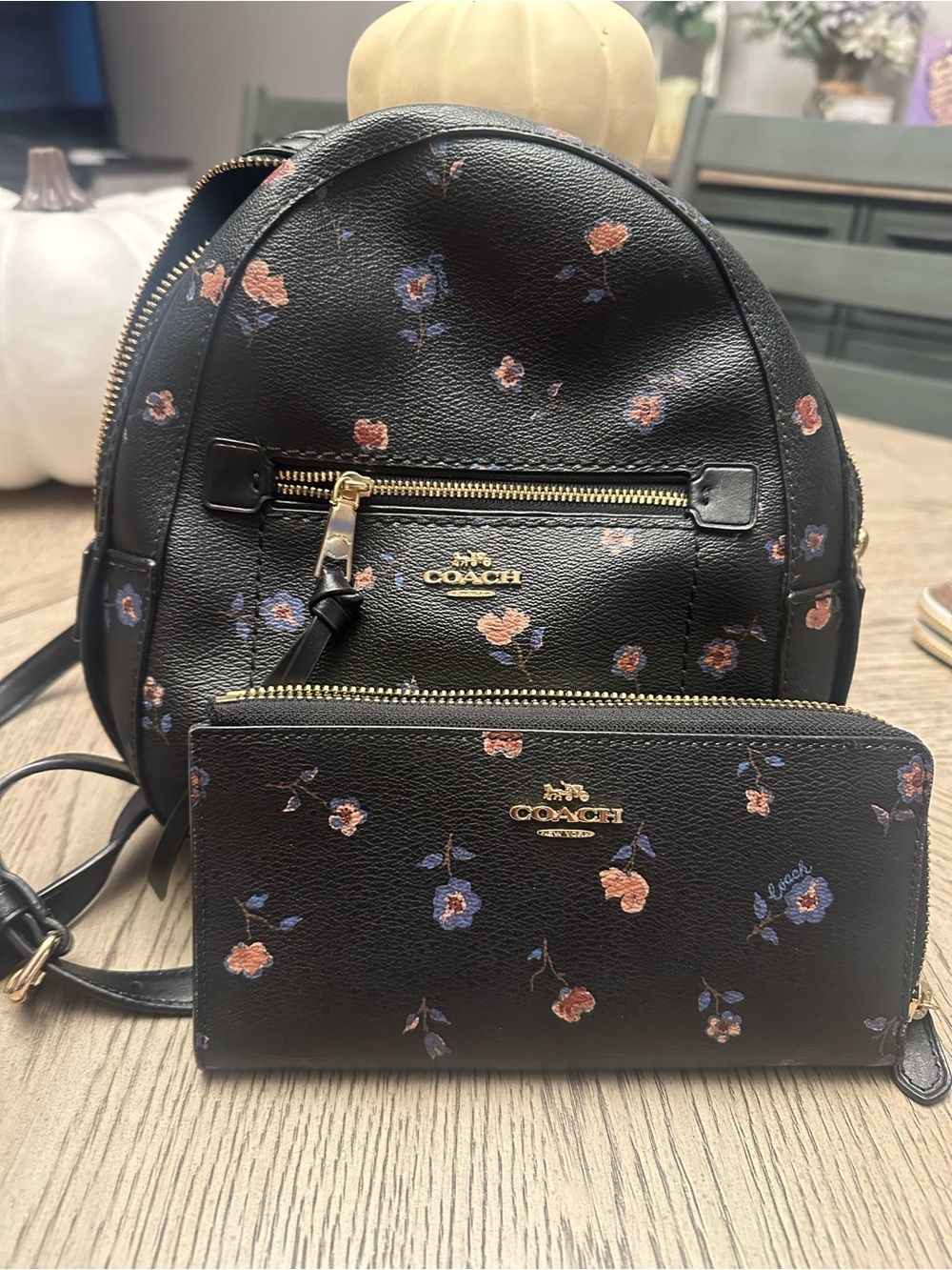 COACH Black Floral Leather Mini Backpack with Matching Wallet
